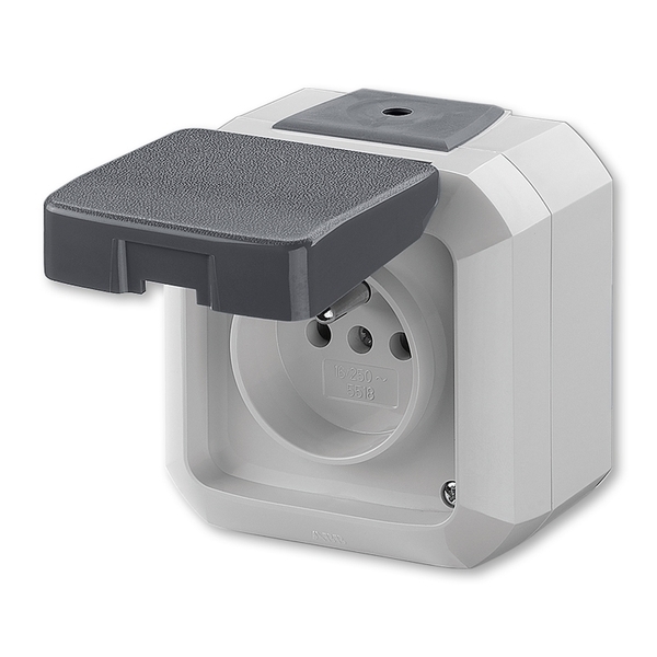Zásuvka jednonásobná IP 54, s ochranným kolíkem, s víčkem, Variant+, šedá