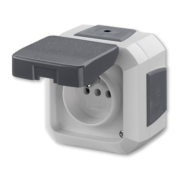 Zásuvka jednonásobná IP 54, s ochranným kolíkem, s víčkem, pro průběžnou montáž, Variant+, šedá