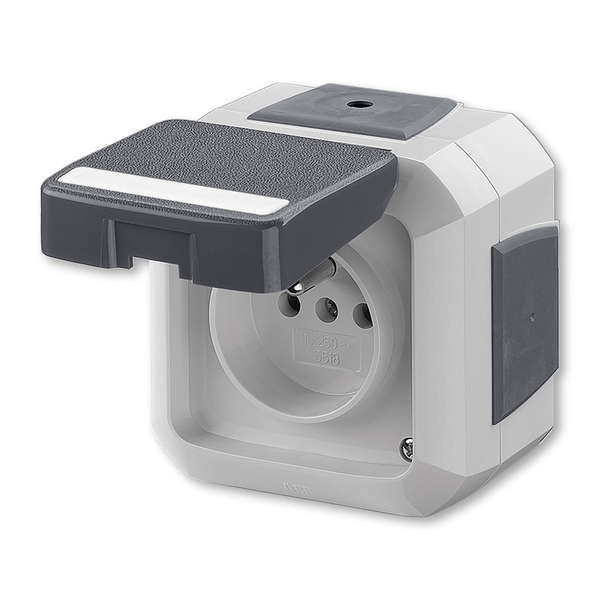 Zásuvka jednonásobná IP 54, s ochranným kolíkem, s víčkem, s popisovým polem, pro průběžnou montáž, Variant+, šedá