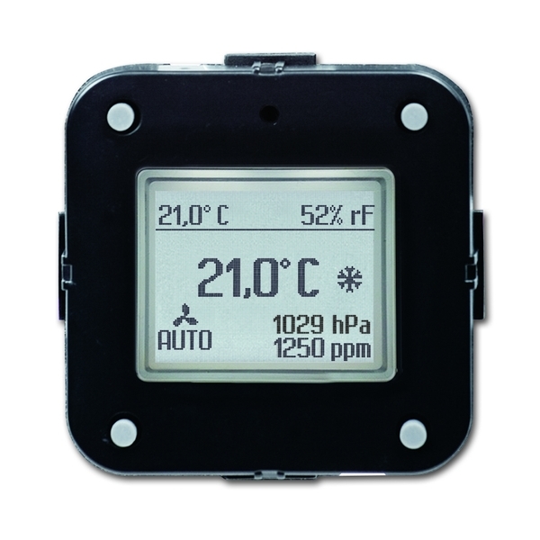 Termostat prostorový s 5násobným univerzálním vstupem a snímačem CO2, vlhkosti a tlaku vzduchu, zapuštěný, se snímačem CO₂