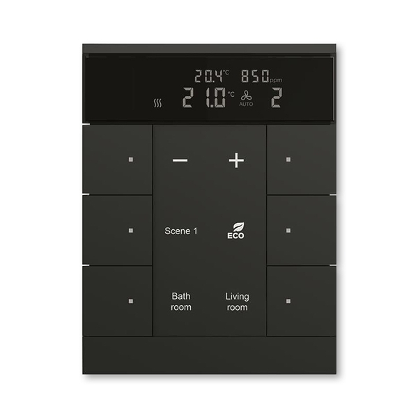 Prvek ovládací 6násobný kombinovaný, s ovládáním HVAC, snímačem CO₂ / vlhkosti, ABB-Tenton®, zapuštěný, 6násobný / mechová černá