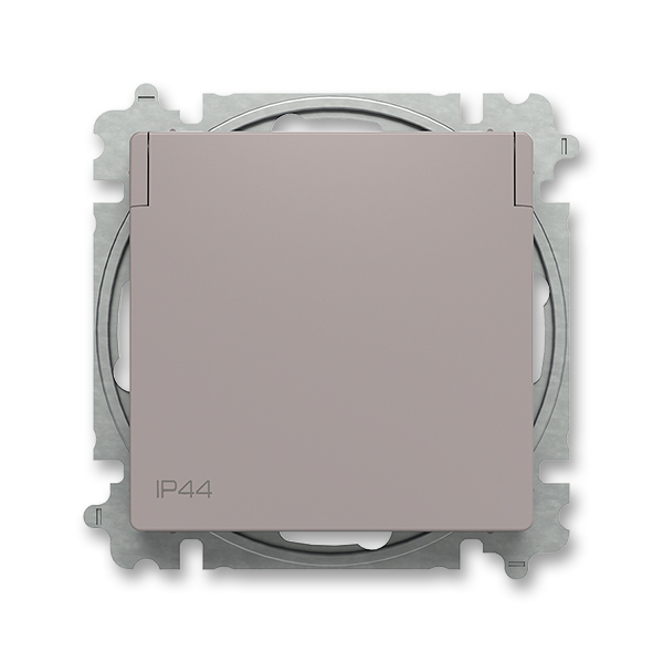 Zásuvka jednonásobná IP44, s ochranným kolíkem, s clonkami, s víčkem, greige