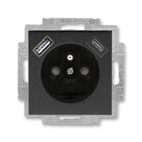 Zásuvka jednonásobná s ochranným kolíkem, s clonkami, s USB nabíjením (USB-A + USB-C), Tango®, onyx / kouřová černá