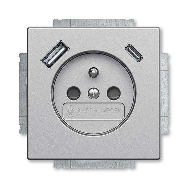 Zásuvka jednonásobná s ochranným kolíkem, s clonkami, s USB nabíjením (USB-A + USB-C), Future® linear, hliníková stříbrná