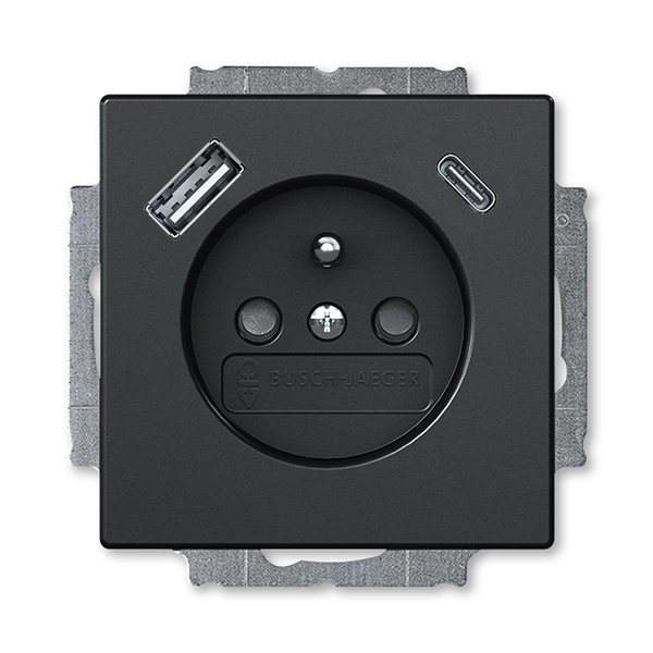 Zásuvka jednonásobná s ochranným kolíkem, s clonkami, s USB nabíjením (USB-A + USB-C), Future® linear, mechová černá